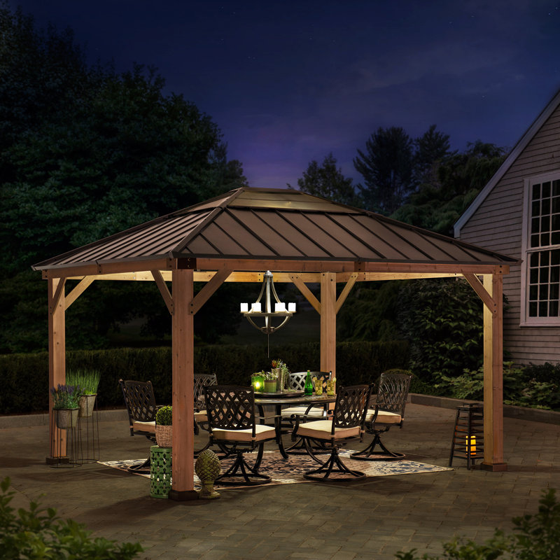 Sunjoy Brown 11 ft. x 13 ft. Patio Cedar Framed Polycarbonate Hip Roof